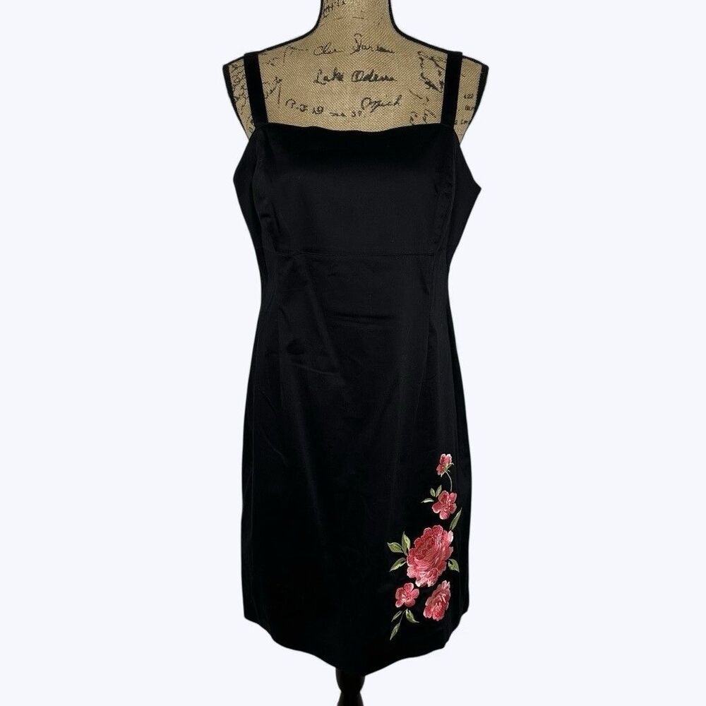 Plaza South Petites Dress Sz 12P‎ Floral Embroidered Square Neck Vintage 90s